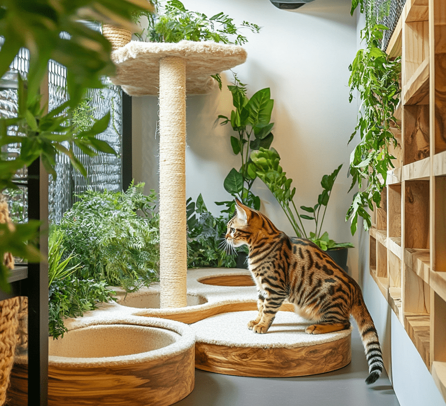 A Bengal cat in a spacious, well-equipped indoor enclosure with toys, scratching posts, and climbing structures.
