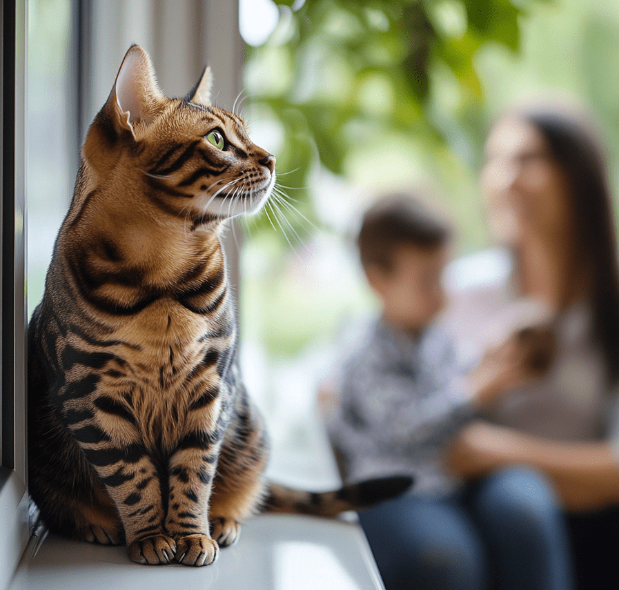  A happy Bengal cat sitting on a windowsill, with a scenic view outside and a family smiling in the background.
