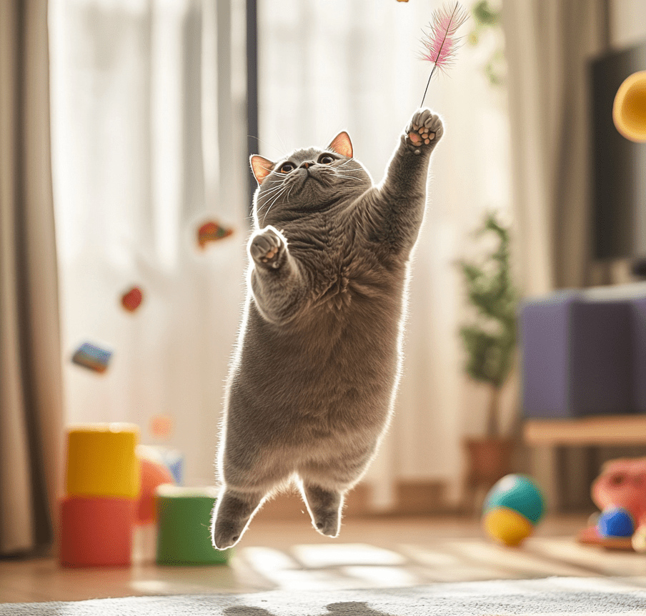 A playful scene showing a British Shorthair cat interacting with prey-like toys (e.g., feathers or small mice-shaped toys). 