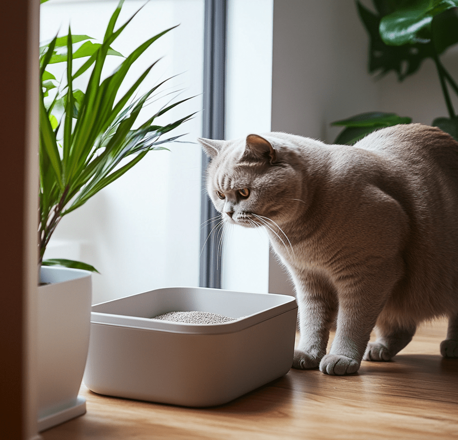 A tidy, well-maintained litter box area with a British Shorthair cat inspecting the box.
