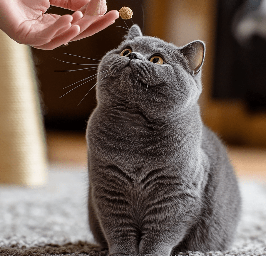 A cat training session with a British Shorthair cat sitting attentively, looking up at a person holding a treat.
