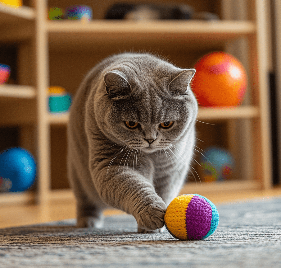 A British Shorthair cat fetching a small toy ball in an interactive play session.
