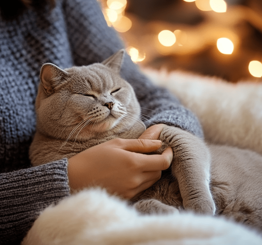 A serene image of a British Shorthair cat relaxing beside its owner after training.
