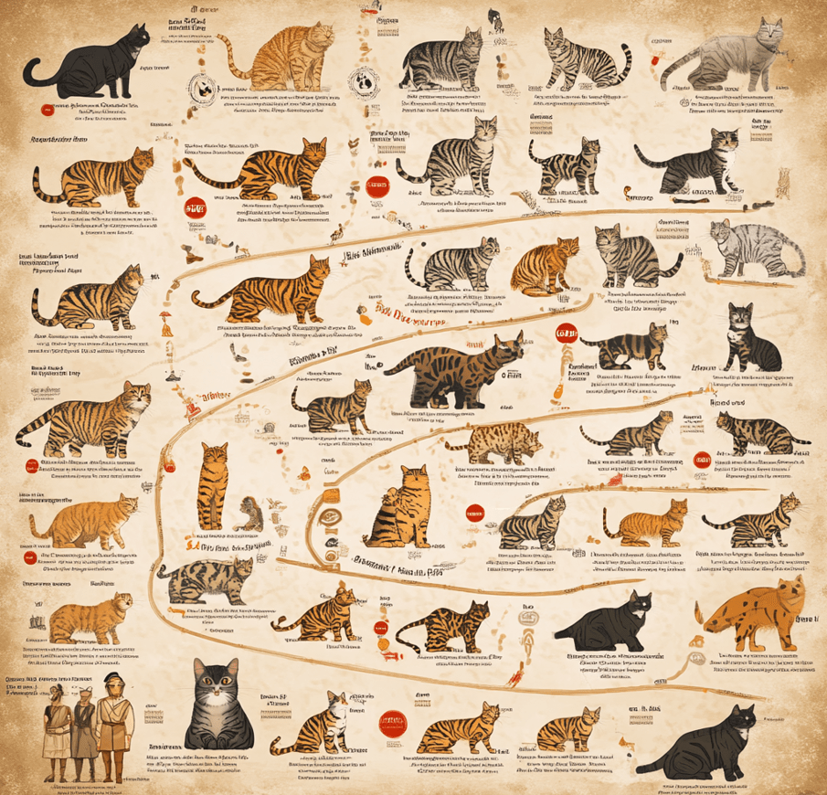  A timeline-style graphic showing key milestones of the breeds’ history, including Roman-era British Shorthairs and Bengal cats originating from Asian leopard cats. 