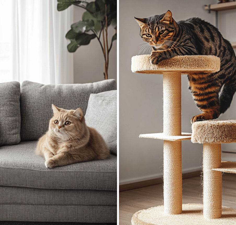 Two side-by-side images: a British Shorthair sitting on a budget-friendly couch and a Bengal cat playing on a slightly luxurious scratching post. 