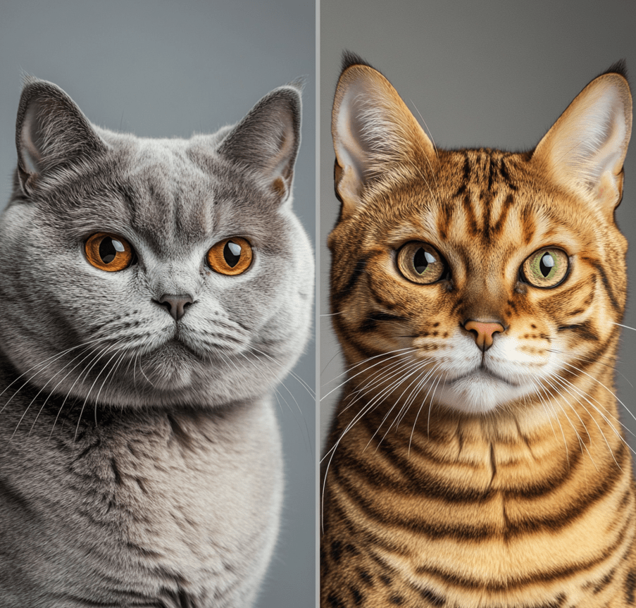 A direct comparison of the two breeds: British Shorthair with a teddy bear-like appearance and Bengal cat with leopard-like markings. 