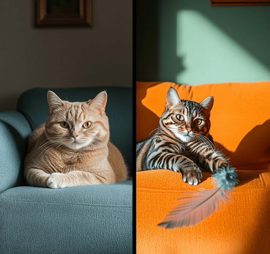  A British Shorthair lounging on a couch versus a Bengal cat enthusiastically playing with a toy. 