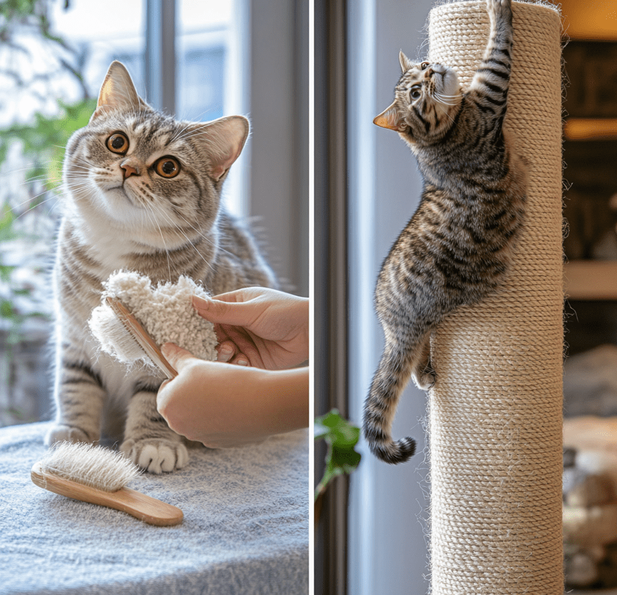 A British Shorthair being gently brushed and a Bengal cat climbing a scratching post. 