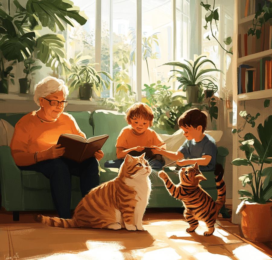 A happy family interacting with both breeds—a British Shorthair sitting beside an older adult and a Bengal playing with kids. 