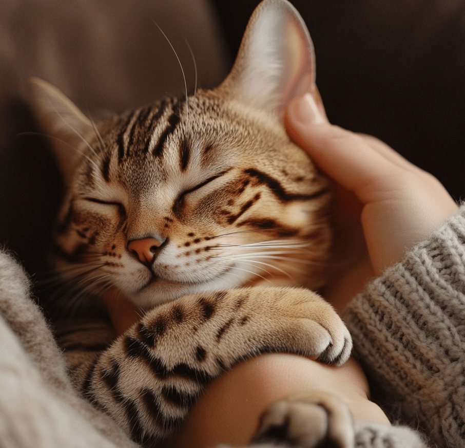 A Bengal cat affectionately interacting with a person or family member.
