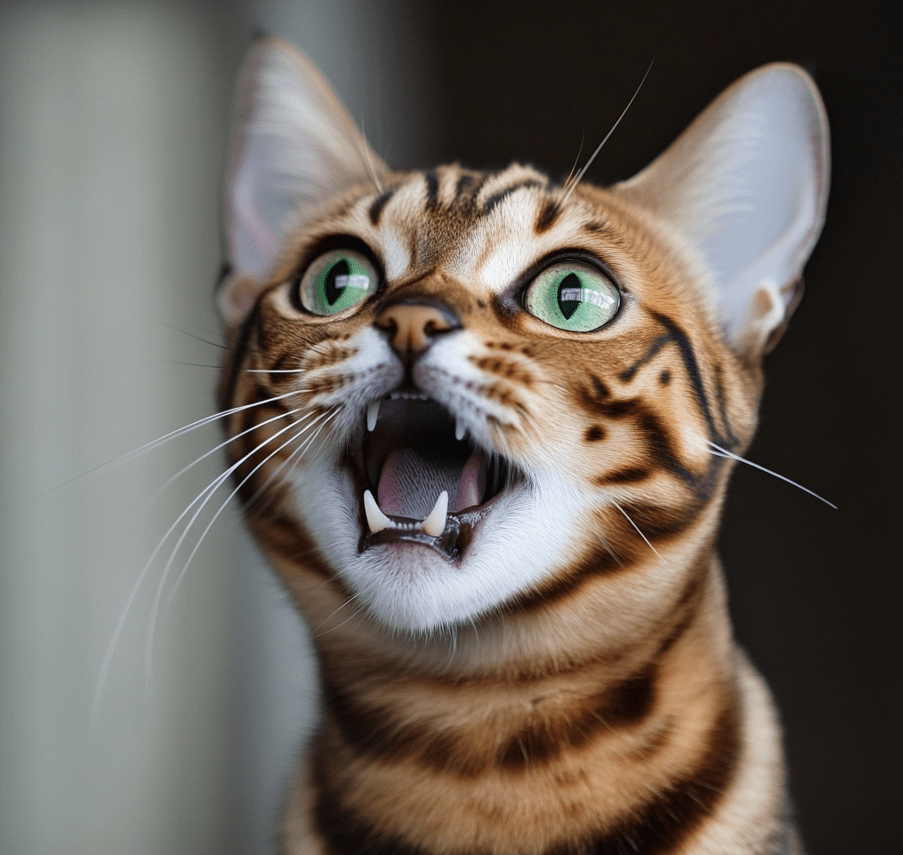 A Bengal cat meowing or making a sound.
