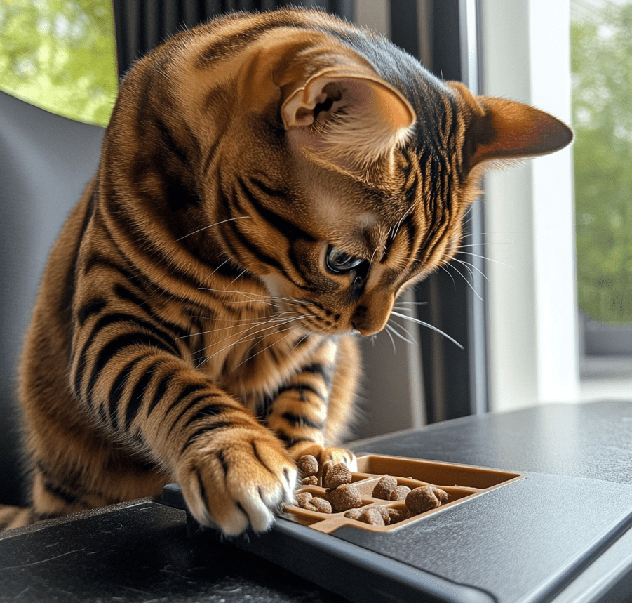 A Bengal cat playing with an interactive puzzle toy.
