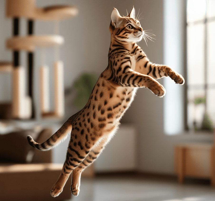 A Bengal cat leaping in mid-air, showing its athletic ability.
