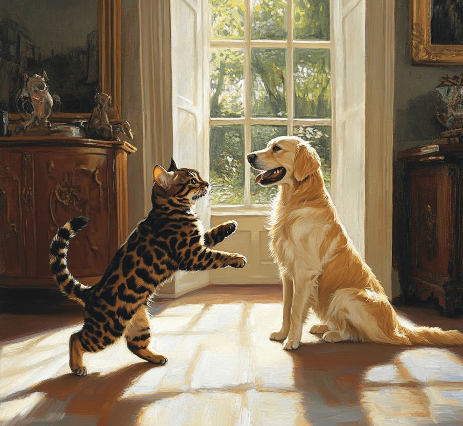 Two Bengal cats playing together or a Bengal cat interacting with a dog.
