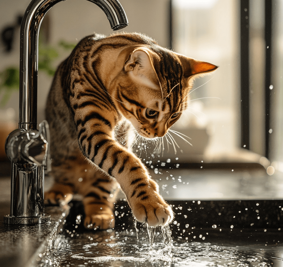 A Bengal cat playing with water in a sink or dipping its paw into a bowl.
