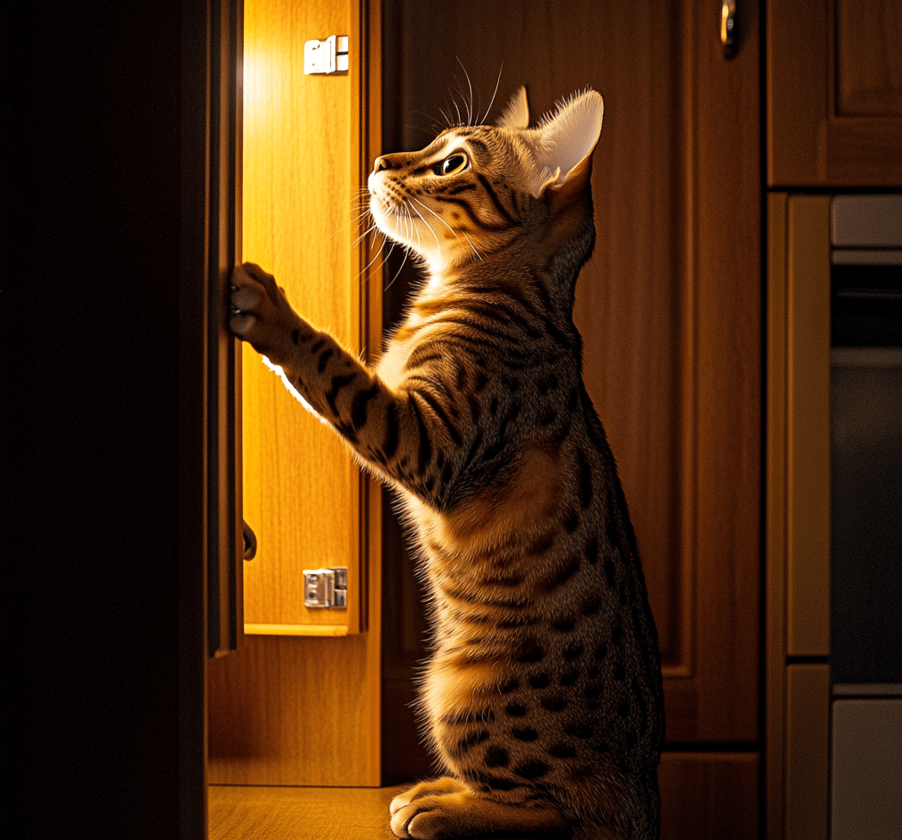 A mischievous Bengal cat opening a cabinet or knocking something over.
