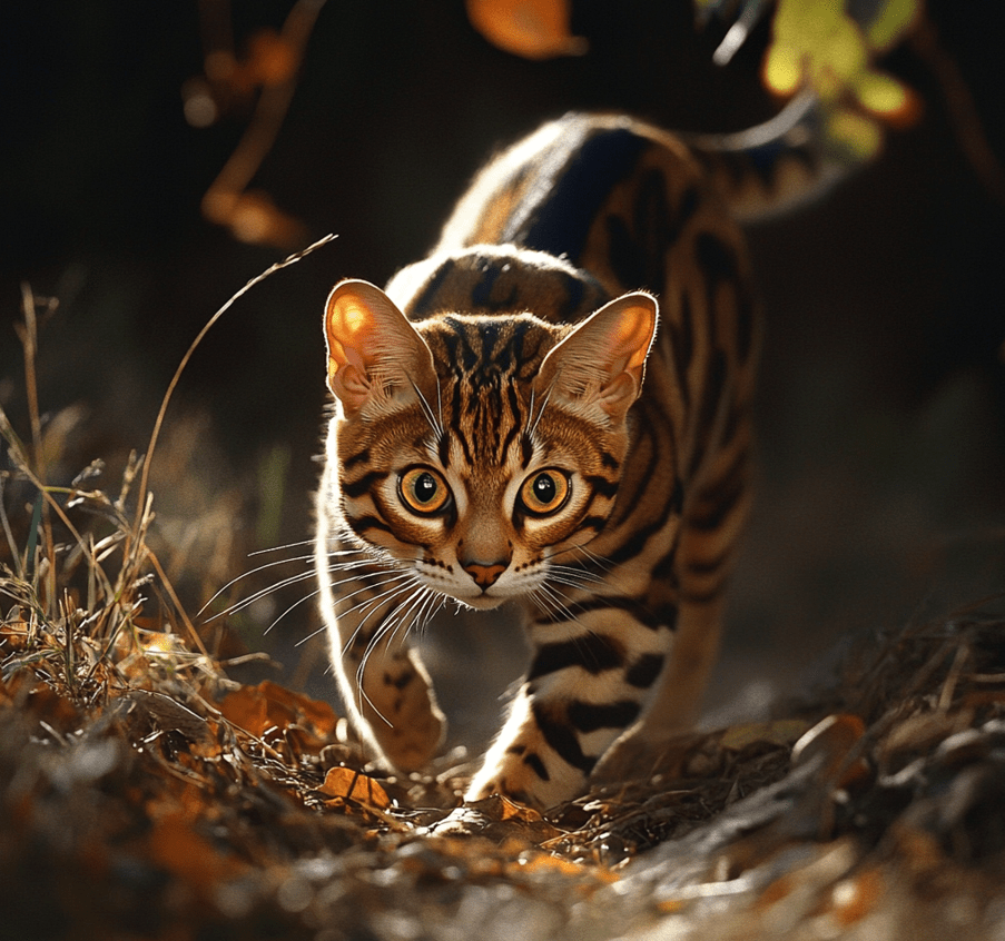  A Bengal cat in a hunting stance, showcasing its predatory instincts.
