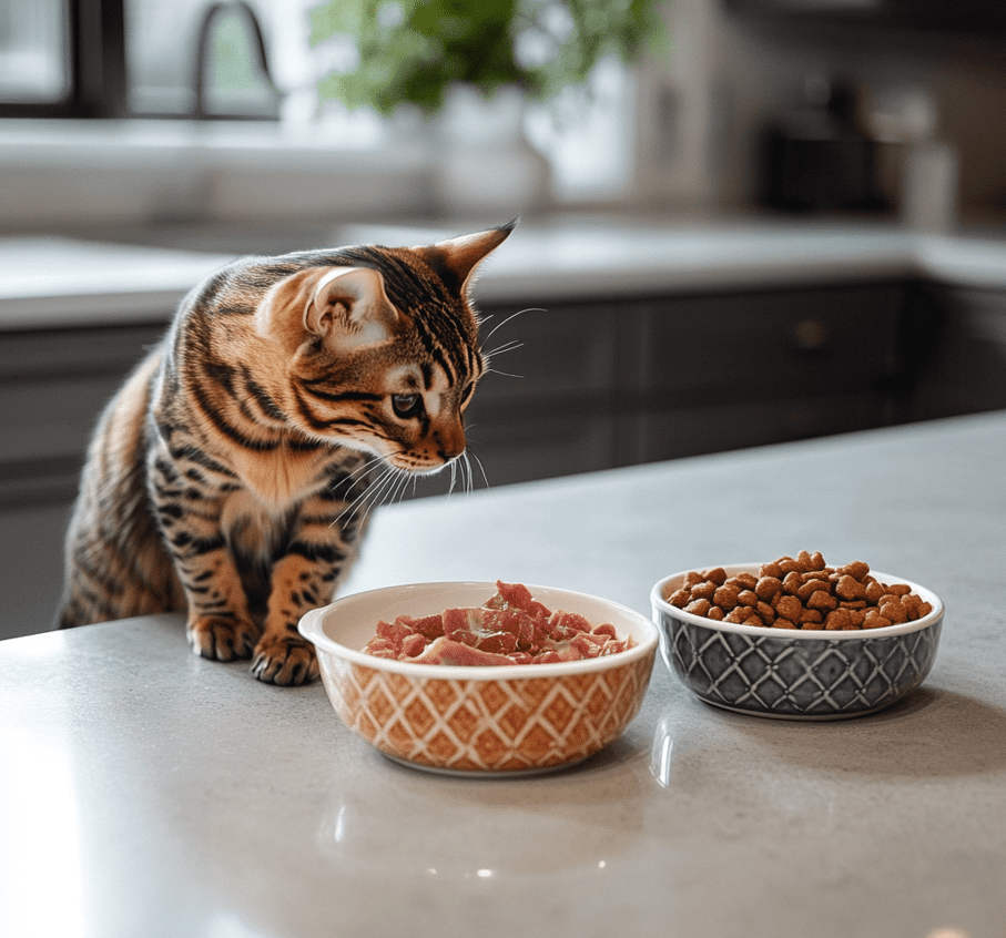 A visual comparison of different food types, showing a Bengal cat with a variety of meal options