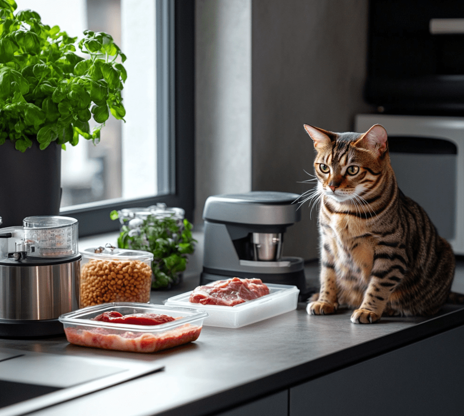 A Bengal cat owner preparing raw food with necessary tools.
