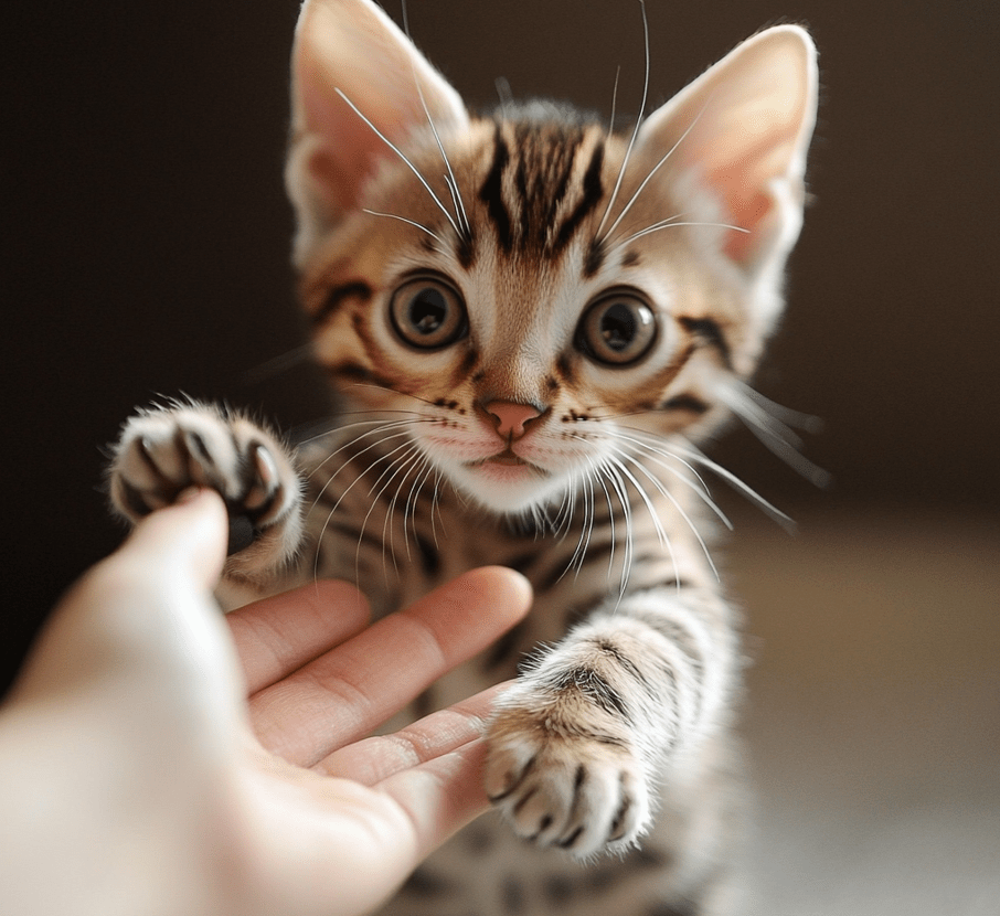 A playful Bengal kitten interacting with a human hand, showing its friendly and social nature. 