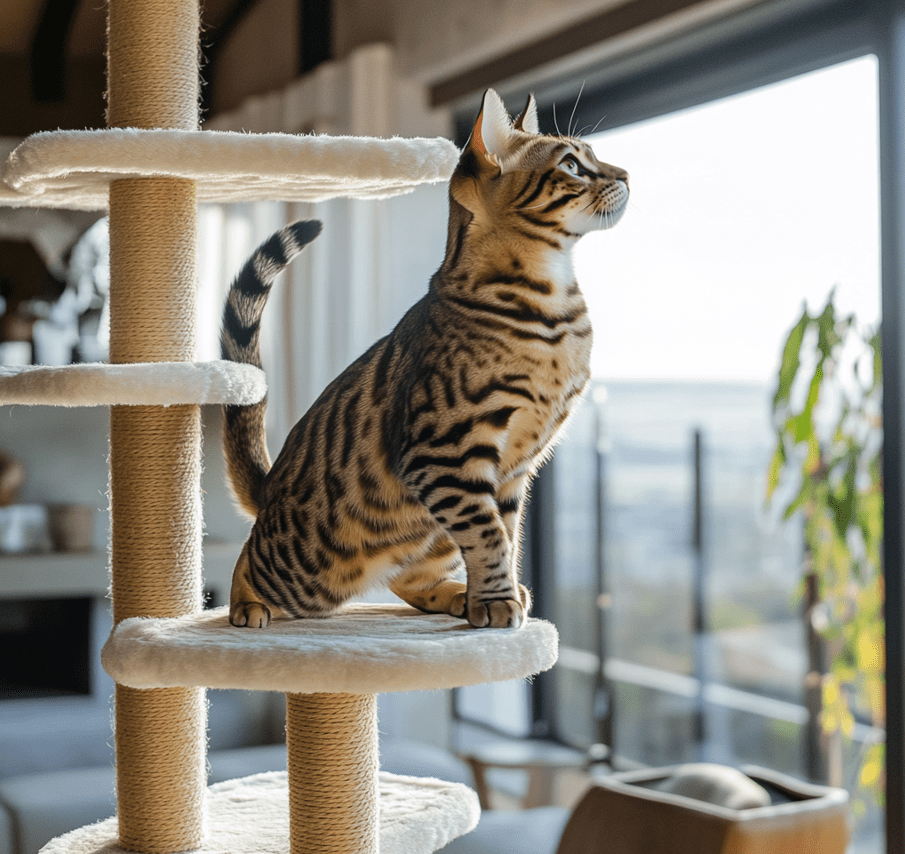 A Bengal cat climbing a tall cat tree, looking adventurous and energetic.