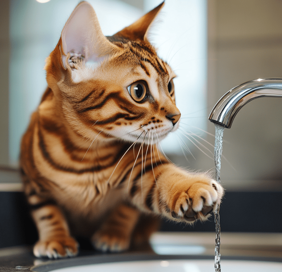 A Bengal cat playing with water in a sink, dipping its paw in the running water. 