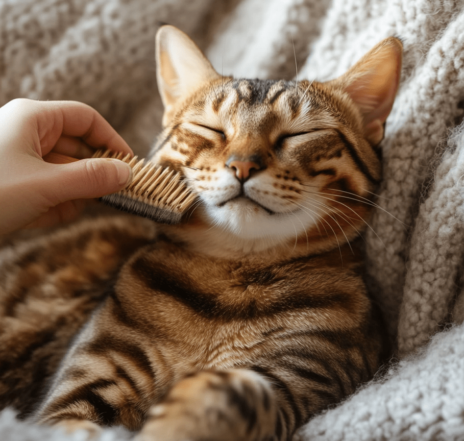 A person gently brushing a Bengal cat’s coat, with the cat appearing relaxed and content. 