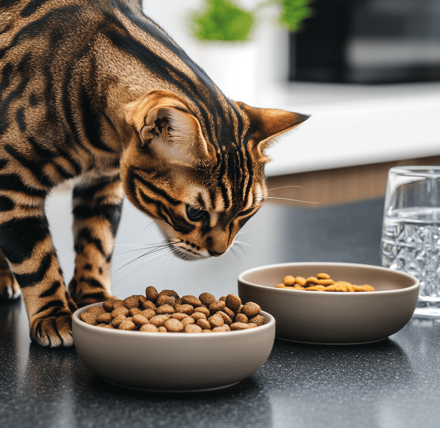 A Bengal cat eating from a food bowl filled with high-quality cat food, with a second bowl of fresh water nearby.
