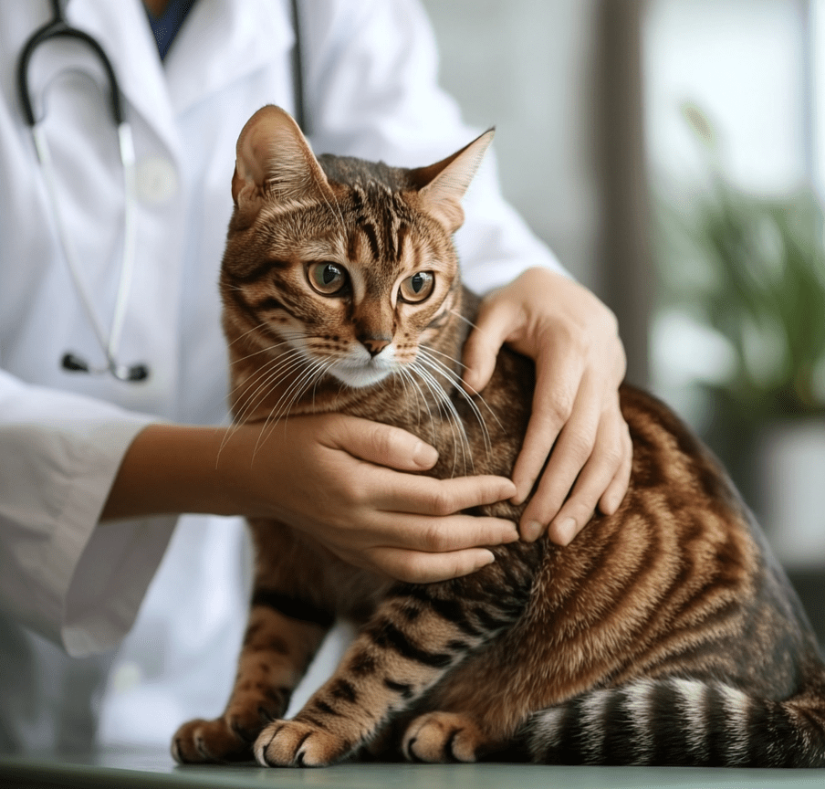 A veterinarian examining a Bengal cat on a table, with the cat looking calm and cooperative.
