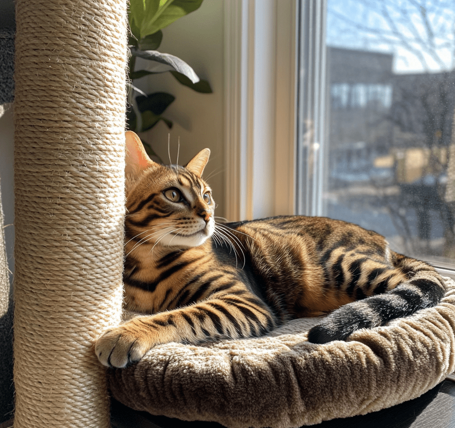 A Bengal cat lounging on a comfy cat bed near a window, with a scratching post nearby.
