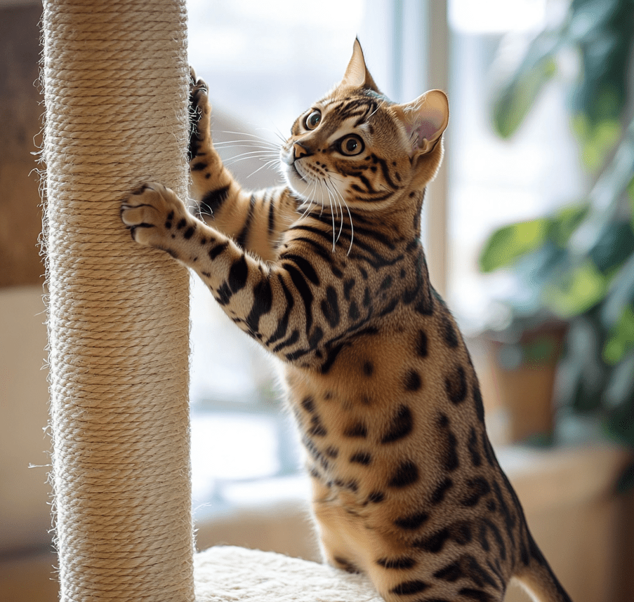 An image showing a Bengal cat jumping or climbing, highlighting their active and intelligent nature.
