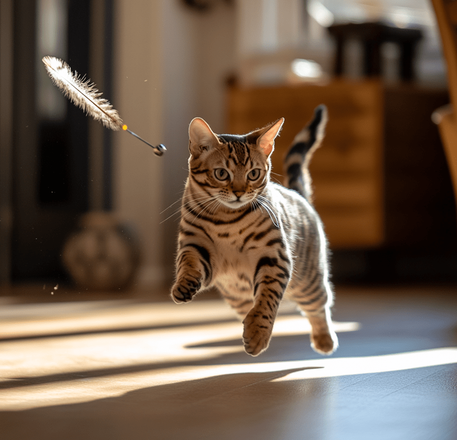 A Bengal cat playing with a feather wand or laser pointer, emphasizing its energetic behavior.
