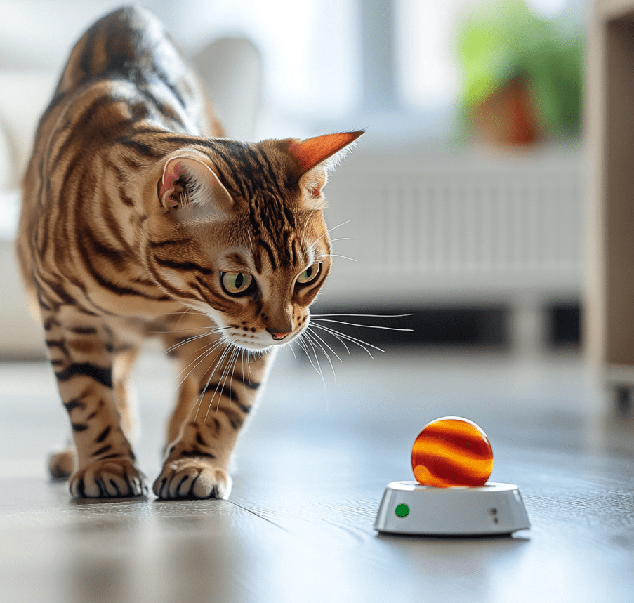 A Bengal cat interacting with an electronic or motion-activated toy, like a ball launcher or a motion-sensing toy.
