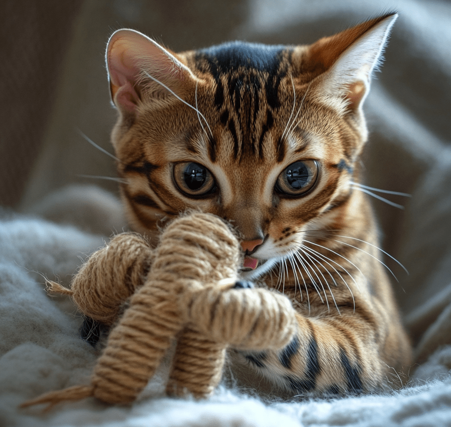 A Bengal cat with a plush toy, like a mouse or catnip stick, enjoying a quiet playtime.
