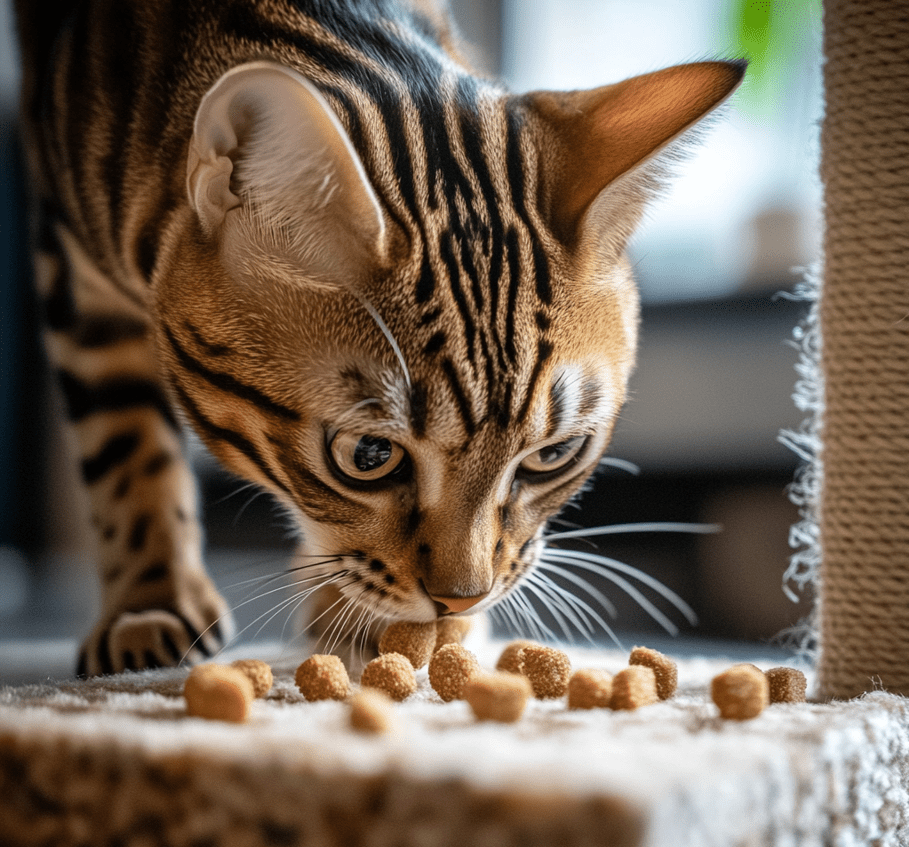 A Bengal cat solving a puzzle feeder or playing with a multi-level track toy.
