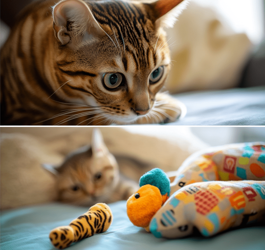 A Bengal cat inspecting a toy, with a focus on safety