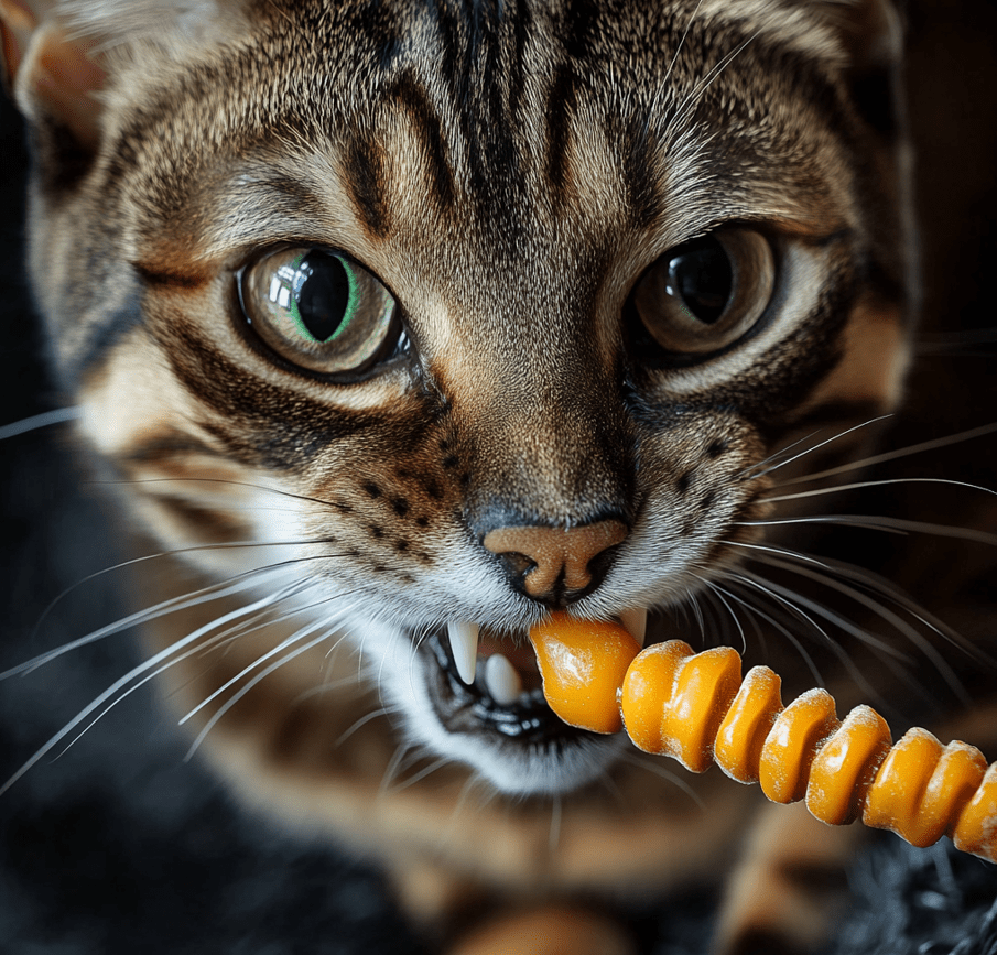 Bengal cat with a dental toy or showing teeth. 