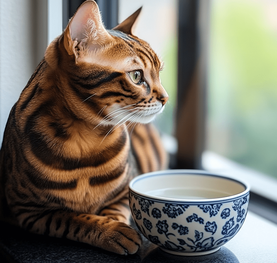 Bengal cat near water or food bowl, indicating the importance of hydration and diet. 