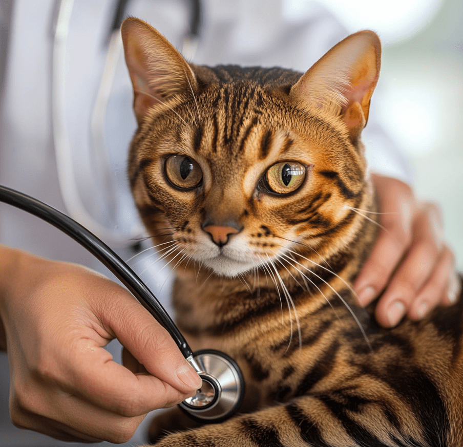 Bengal cat with a vet performing a check-up, especially checking the heart. 