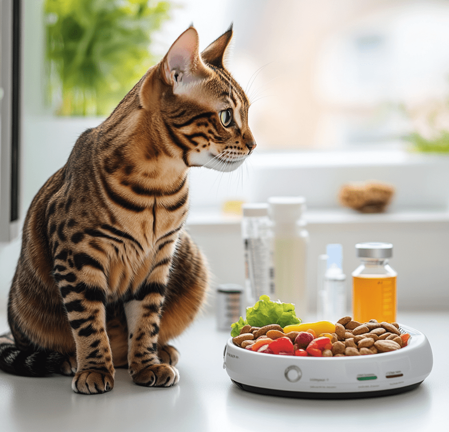 Bengal cat with an insulin syringe or food-related image showing an attempt to manage weight.