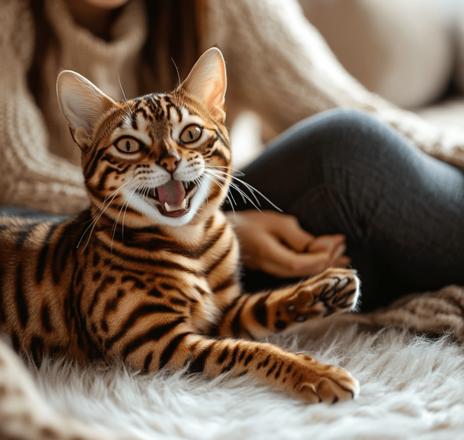 Healthy Bengal cat, perhaps playing or cuddling with its owner. 