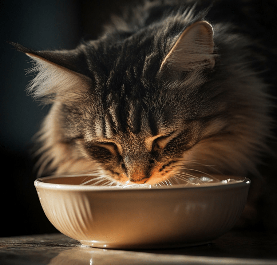 A Maine Coon cat being examined by a vet with a focus on the kidneys, or a close-up of a cat drinking water or looking lethargic.
