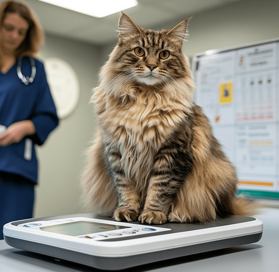 A Maine Coon cat sitting with a rounder, heavier appearance, possibly on a scale or with a measuring tape around its waist.