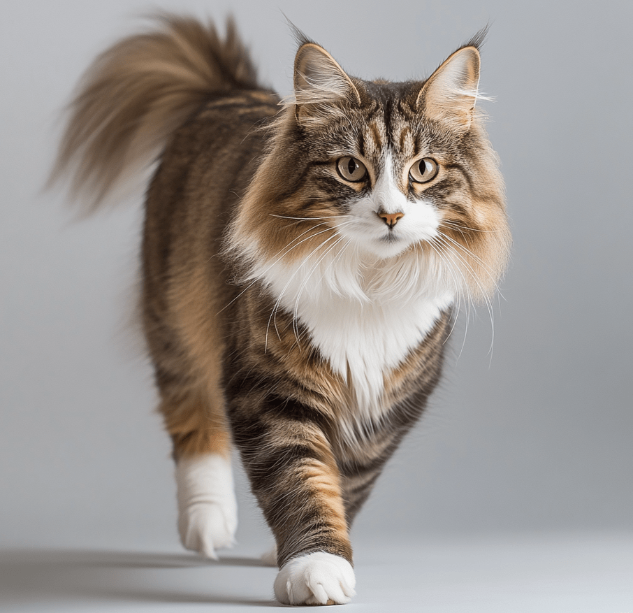  A Maine Coon showing signs of limping or discomfort in its knees, possibly with a focus on its leg joint.
