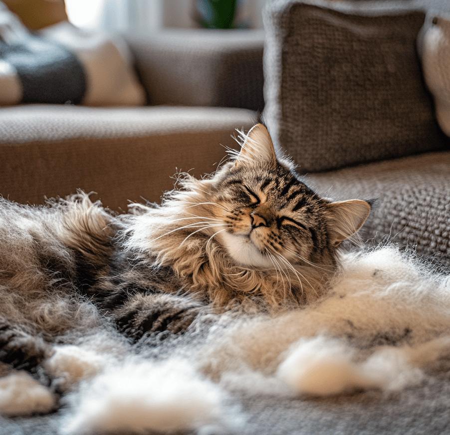  A Maine Coon cat grooming itself or with a hairball beside it, symbolizing the frequent occurrence of hairballs in long-haired breeds.
