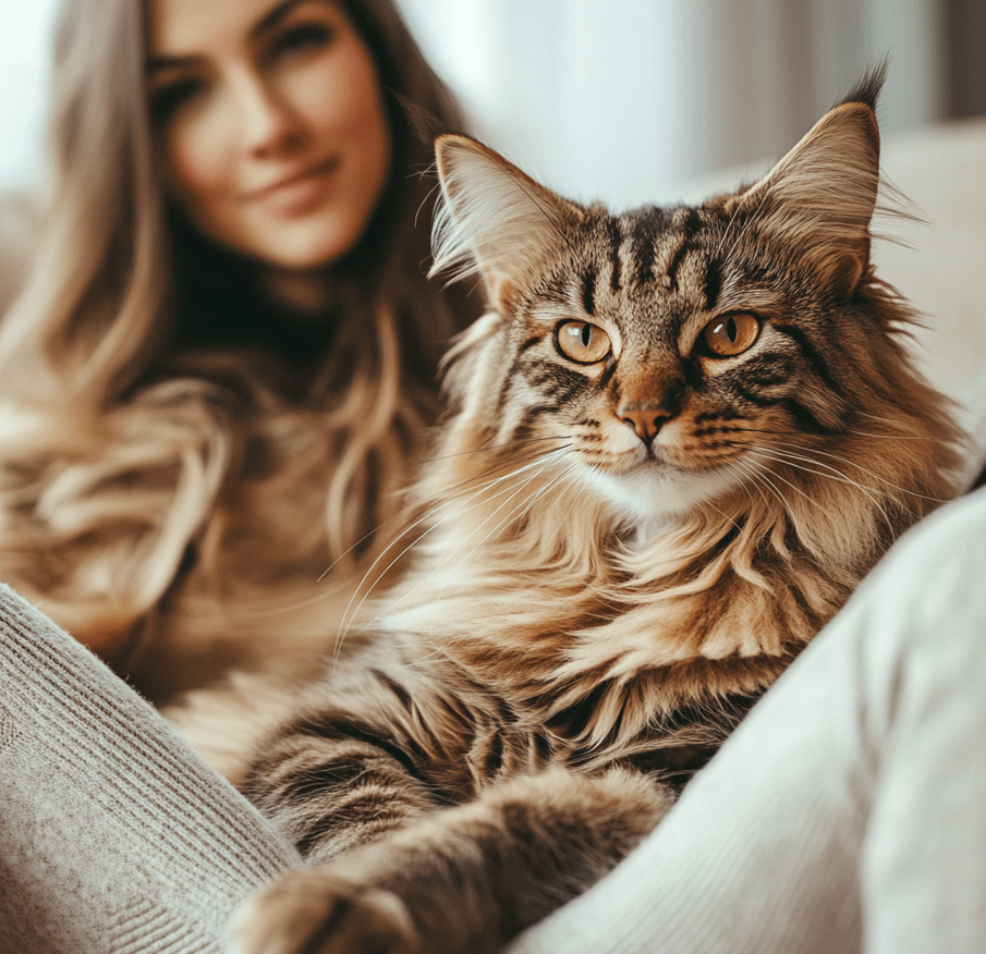 A healthy, happy Maine Coon sitting contentedly with its owner, illustrating overall good health.
