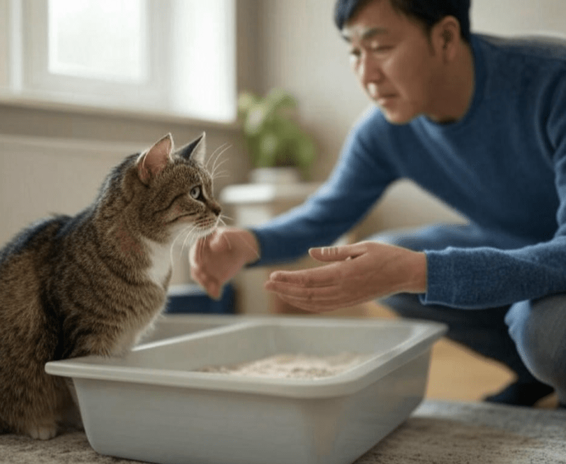  A cat owner gently guiding their older cat toward the litter box. The cat should appear a bit hesitant but calm, and the owner is offering a reassuring gesture, such as a hand near the cat to show support. 