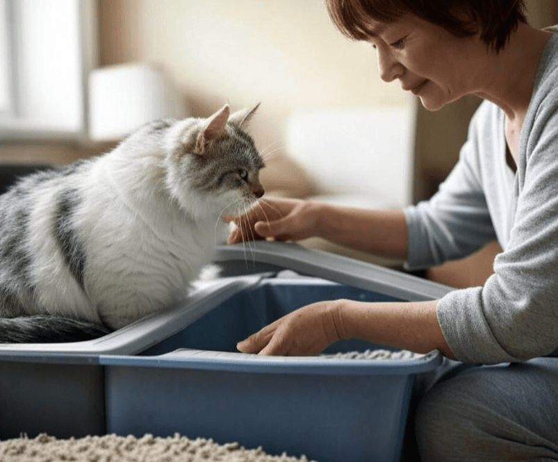 A senior cat being assisted by a pet owner to enter a low-sided litter box. You could show a ramp or gently sloped surface leading to the box, highlighting mobility support for arthritis or other mobility issues. 