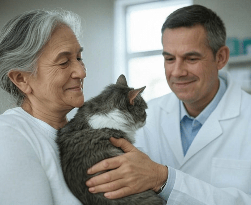 A concerned cat owner speaking with a veterinarian about the health of their elderly cat. The image can show the owner with the cat at the vet’s office, possibly pointing at the cat’s health records. 