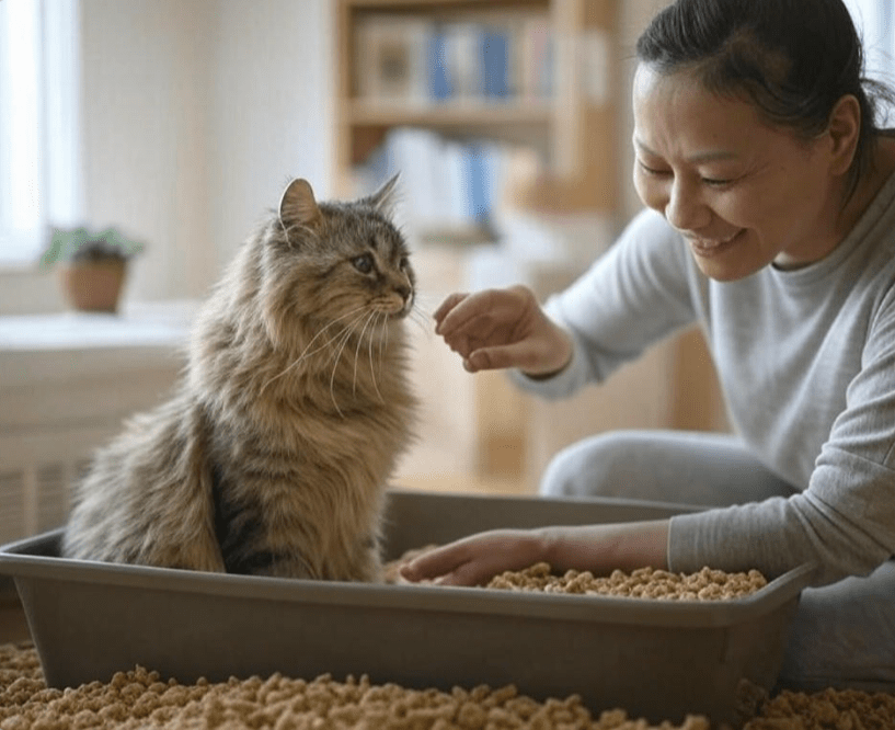  A senior cat using the litter box with a positive reinforcement gesture from the cat owner, such as offering a treat or speaking positively to the cat. The cat looks comfortable, and the owner is smiling. 